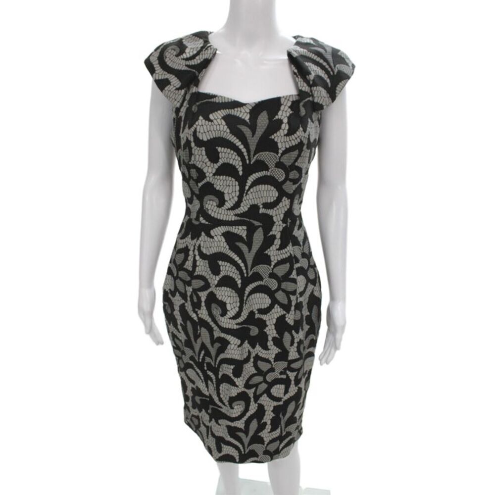 Karen Millen Women Black Pencil Dress Square Neck Mid-Calf Short Sleeve Size 8